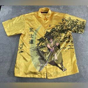 Barcode Ninja Samurai Anime Warrior Button Up Shirt Large Relaxed Poly Yellow